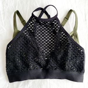 Mesh Sports Bra Black Olive Green Criss-Cross Back S